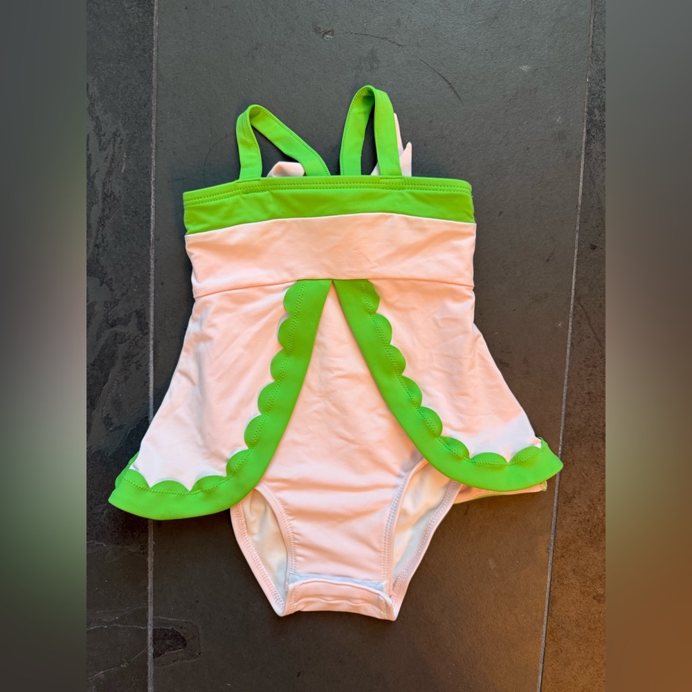 Green and Light Pink Scalloped Baby 0-6 month Swimsuit Beaufort Bonnet Company